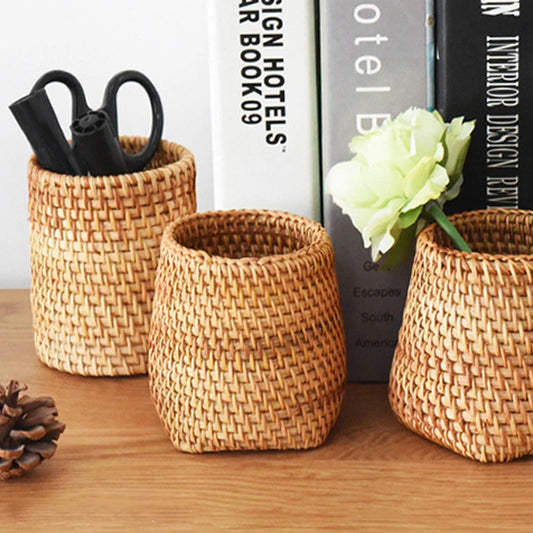 Handmade Pen Container Woven Wood Vine Stationery Container Storage Box Students Gifts Office School Desk Supplies
