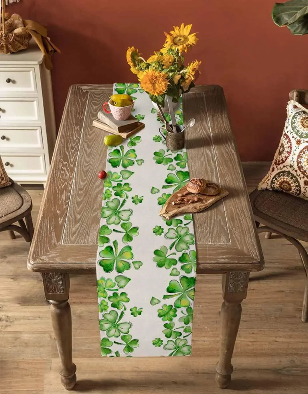 St. Patrick's Day Shamrock Linen Table Runner Dresser Scarf Seasonal Spring Lucky Clover Green Table Runners Dining Table Decor
