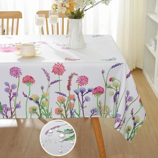 Spring Summer Watercolor Wildflowers Waterproof Tablecloth Home Decor Seasonal Farmhouse Rectangle Tablecover Dining Table Decor