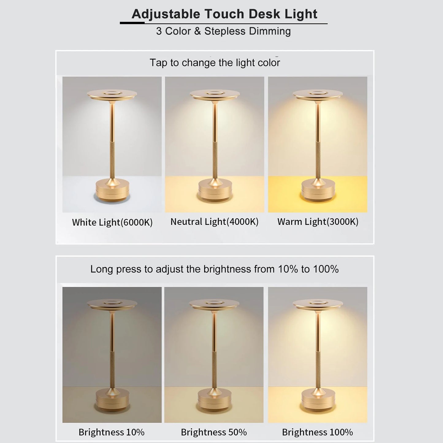 Rechargeable Wireless Table Lamp for Bedroom, Rechargeable, Touch Lamp, Camping Candle, Creative, USB-C, Desk Lamp