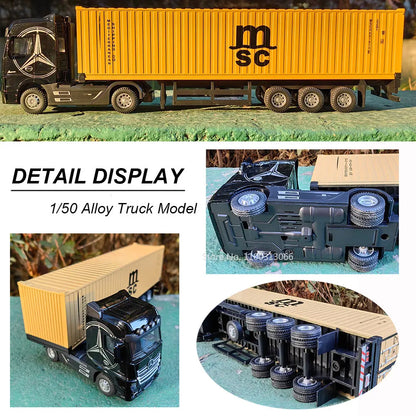 1:50 Large Diecast Alloy Truck Car Model Toys Container Pull Back Sound And Light Transport Vehicles Model Toys For Boys Gifts