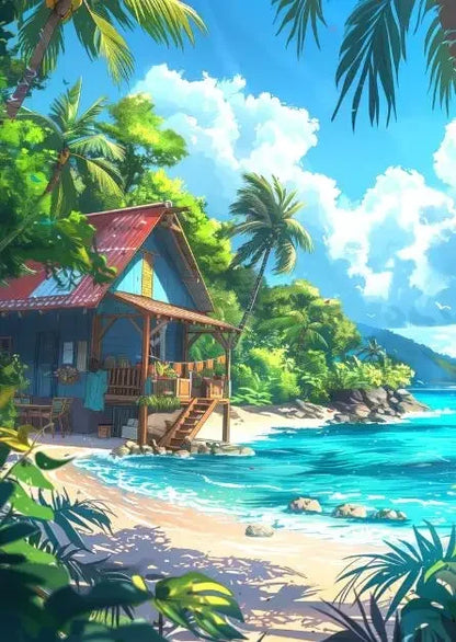 Blue Cabin Beach Forest Canvas Painting  Sea Summer Beach Bar Anime Wall Art HD Print Poster for Living Room  Modern Home Decor