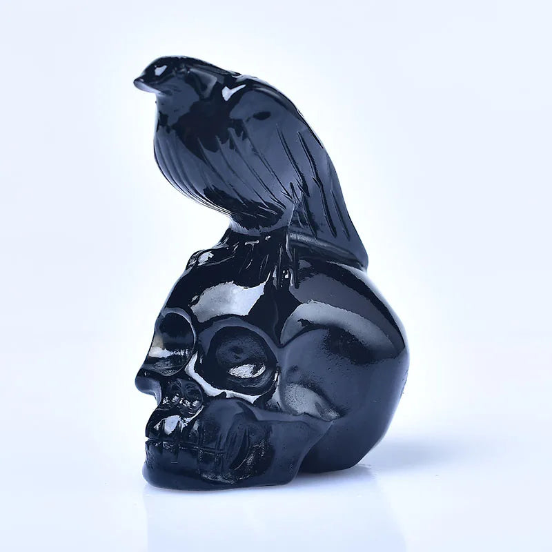 Raven Skull Statue Halloween Decor Natural Obsidian Creative For Garden Raven On Skull Bird Crow Sculpture Bird Perching Gift1pc