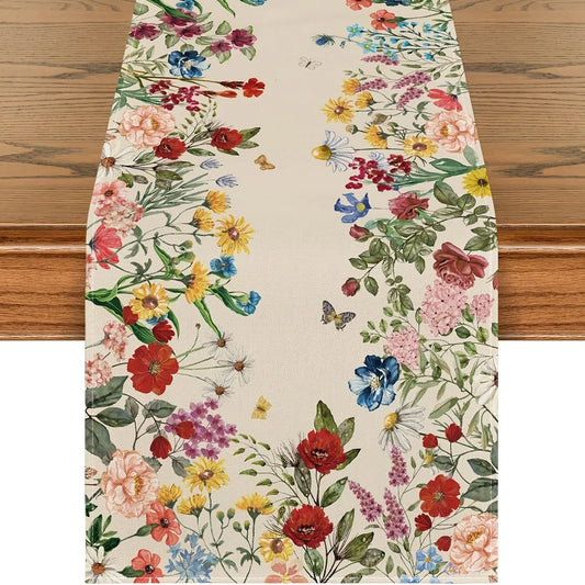 Spring Colorful Wildflowers Butterfly Linen Table Runners Wedding Party Decor Summer Floral Plants Table Runners for Table Decor