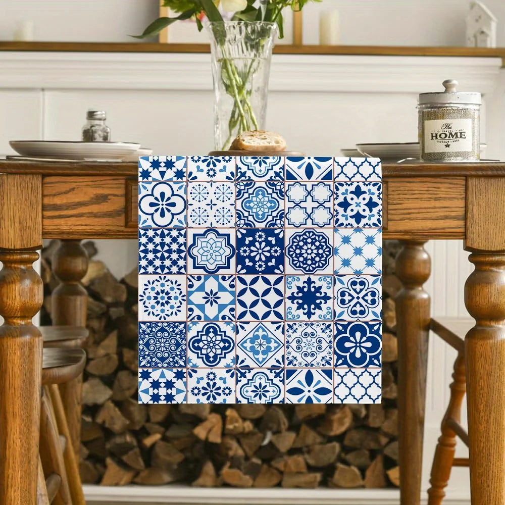 Bohemian Blue White Tile Pattern Linen Table Runner Dresser Scarf Decor Holiday Kitchen Dining Table Runners Home Party Decor