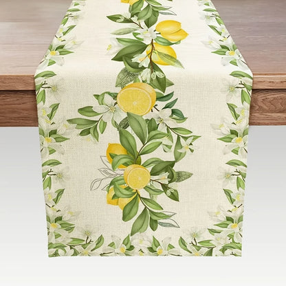 Spring Lemon Flowers Leaf Linen Table Runner Holiday wedding Party Decor Seasonal Summer Floral Plants Table Runners Table Decor