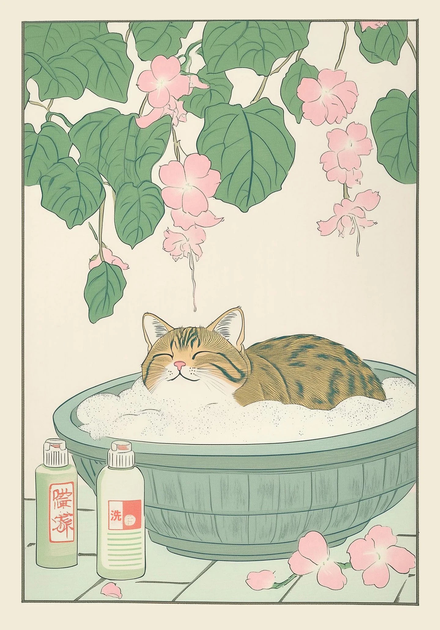 Japanese Tabby Cat in Bathtub Poster Prints Canvas Painting Retro Aesthetic Wall Art Picture Japandi Bathroom Toilet Home Decor