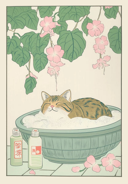 Japanese Tabby Cat in Bathtub Poster Prints Canvas Painting Retro Aesthetic Wall Art Picture Japandi Bathroom Toilet Home Decor