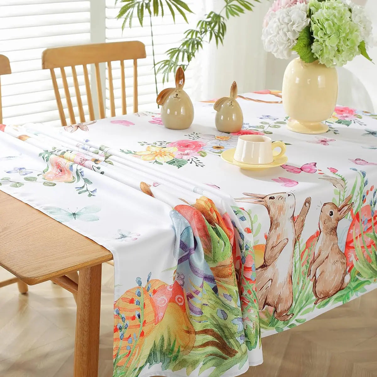 Easter Bunny Eggs Flower Waterproof Tablecloths Holiday Party Decor Spring Floral Plants Rectangle Table Cover Easter Decoration
