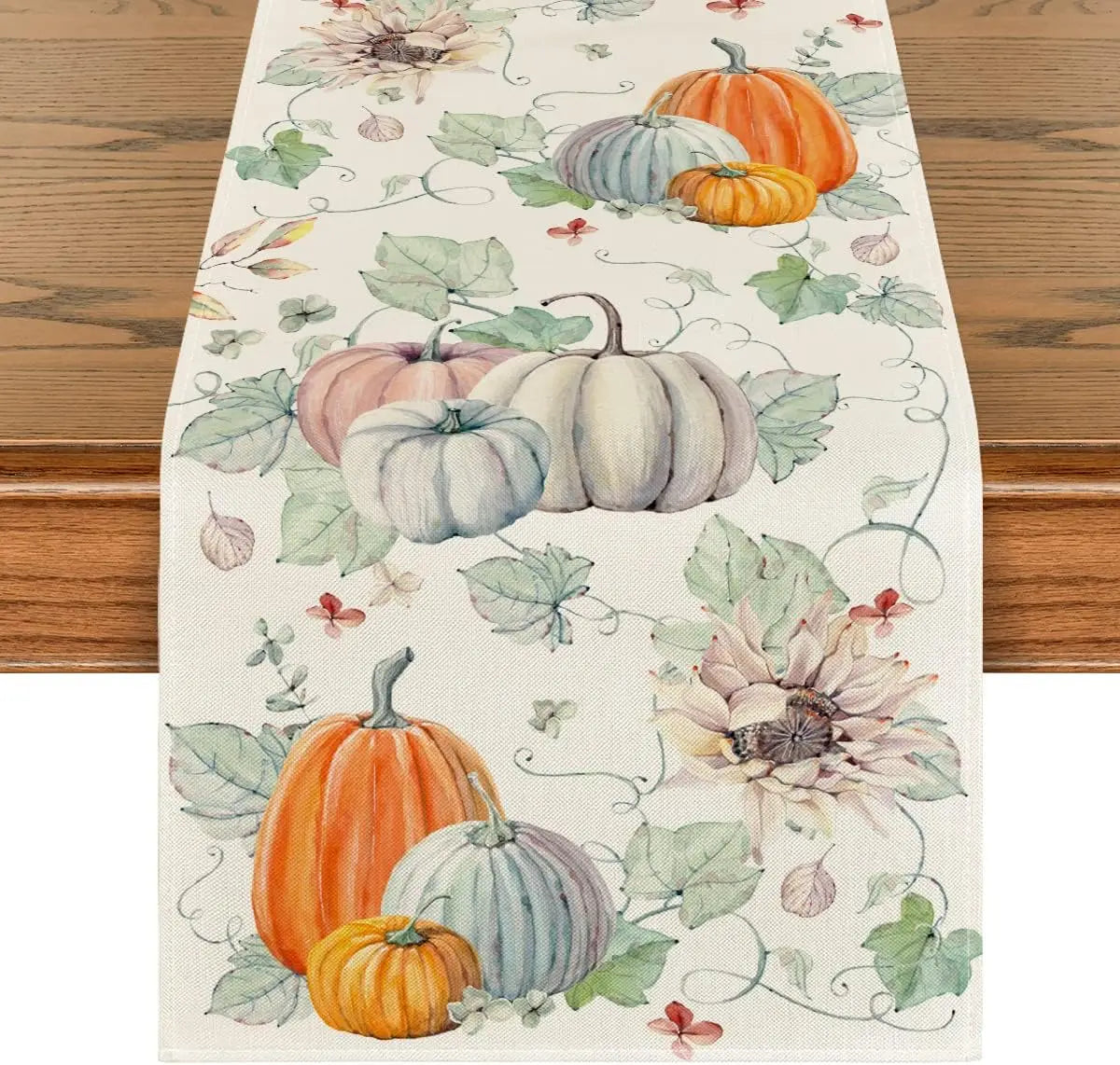 Fall Pumpkins Flowers Leaves Linen Table Runners Seasonal Autumn Thanksgiving Dresser Scarf for Kitchen Party Dining Table Decor