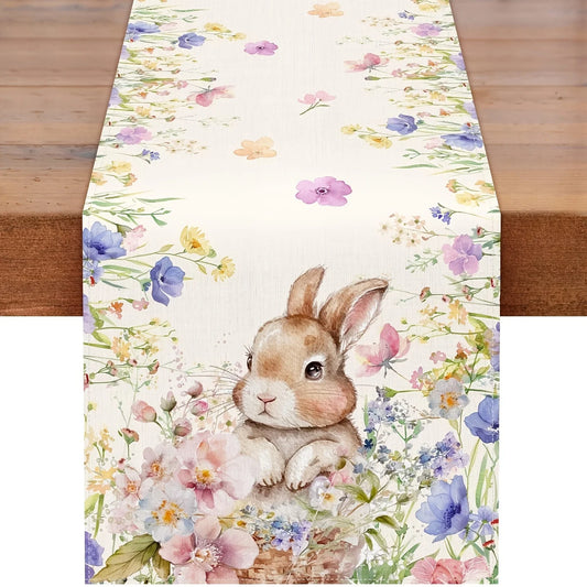 Easter Bunny Floral Linen Table Runner Holiday Party Decor Spring Watercolor Flowers Table Runners for Spring Easter Decorations