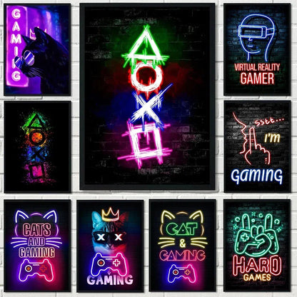 Nordic Neon Cat and Gaming Controller Quotes HD Posters Canvas Painting for Wall Art Mural Gamer Boys Girls Room Decor No Lights