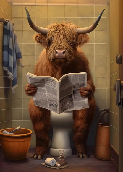 Highland Cow Sheep Mouse Sitting on The Toilet Reading Newspaper Poster Animal Print Canvas Painting Funny Bathroom Wall Decor