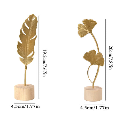 Golden Ginkgo Leaf Ornaments Miniature Figurines Wooden Nordic Ornament Statue for Living Room Table Office Home Decoration