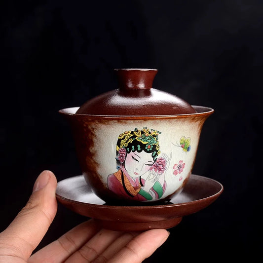 Handmade Ceramic Gongfu Tea Set, Chinese Bohemian Lid Bowl & Saucer, 170ml; Capacity, Artistic Tea Cup for Traditional Ceremony
