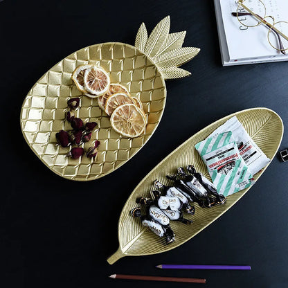 Nordic Decorative Tray Jewelry Pallet Fruit Snack Dish Table Decoration Gold Pineapple Leaf Shape Serving Tray Storage Organizer