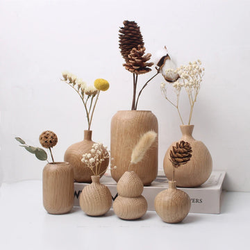 Japanese Style Wooden Flower Vase Natural Solid Wood Plants Flower Pot Art Vases for Wedding Home Office Table Arrangement Decor