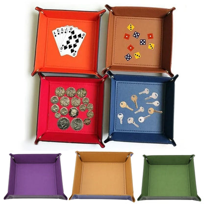 1PC Foldable PU Leather Square Tray Table Games Board Key Wallet Coin Dice Plate Box Desktop Storage Box Trays Decorative