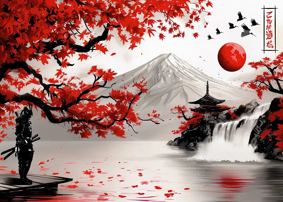 Japanese Landscape Ink Painting Poster Mountain Cherry Blossom Flowers Samurai Dragon Koi Canvas Picture Wall Art Home Decor