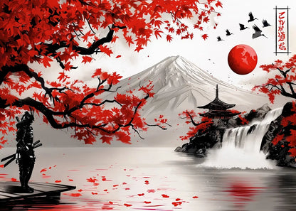 Japanese Landscape Ink Painting Poster Mountain Cherry Blossom Flowers Samurai Dragon Koi Canvas Picture Wall Art Home Decor