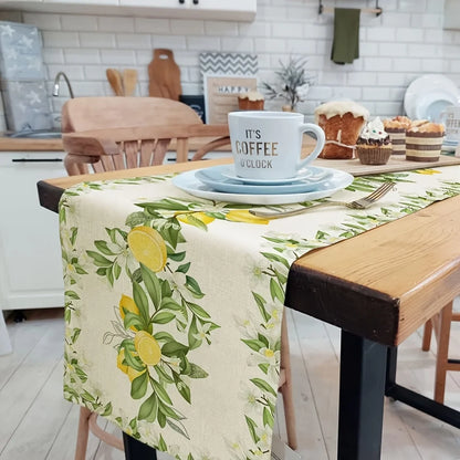 Spring Lemon Flowers Leaf Linen Table Runner Holiday wedding Party Decor Seasonal Summer Floral Plants Table Runners Table Decor
