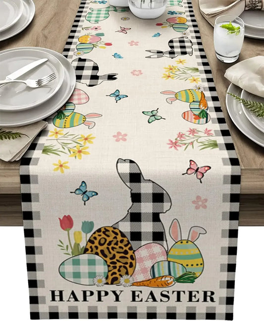 Eggs Rabbit Black and White Buffalo Plaid Easter Linen Table Runner Dresser Scarf Coffee Table Decor for Home Dining Party Decor