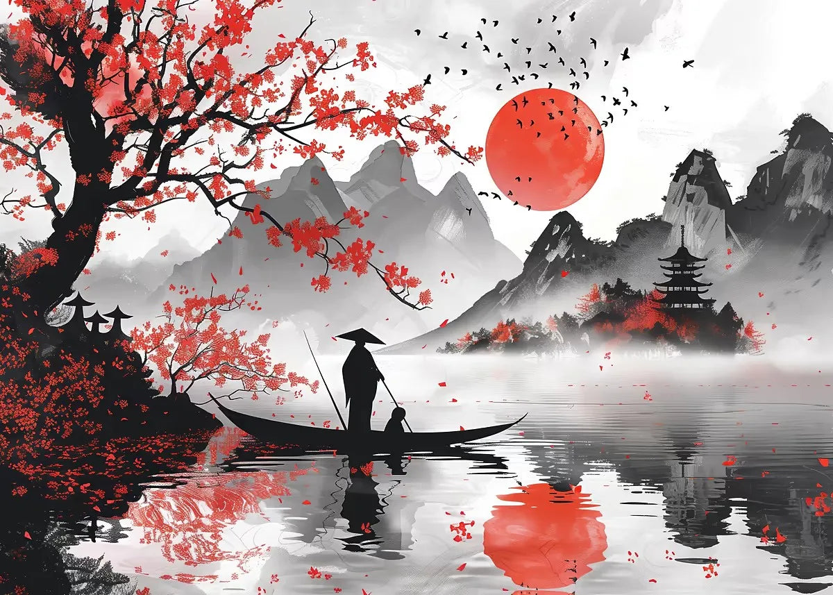 Japanese Landscape Ink Painting Poster Mountain Cherry Blossom Flowers Samurai Dragon Koi Canvas Picture Wall Art Home Decor