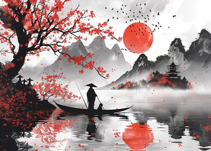 Japanese Landscape Ink Painting Poster Mountain Cherry Blossom Flowers Samurai Dragon Koi Canvas Picture Wall Art Home Decor