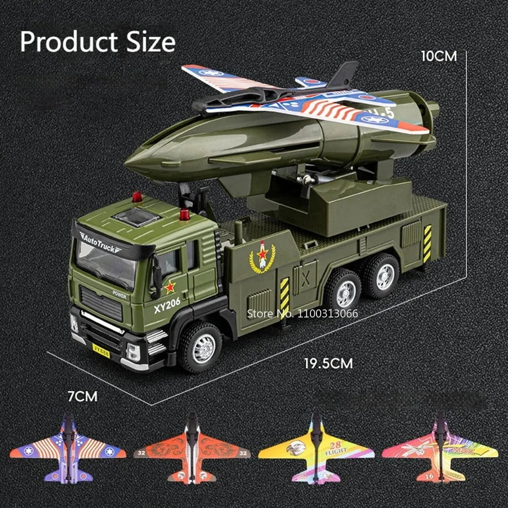 1:32 Military Drone Launch Vehicle Toys Cars Alloy Models Wheel Pull Back with Light Sound Miniature Car for Boys Birthday Gifts