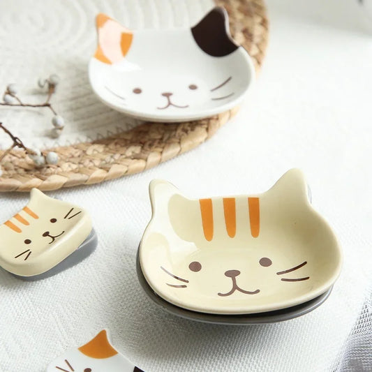 Japanese Cute Cat Dish Creative Ceramic Seasoning Dish Porcelain Dipping Saucer Plate Snack Plate Kitchen Supplies Tableware