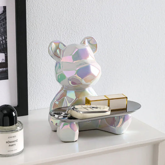Geometric shape ceramic electroplating statue bear with piggy bank tray, candy, cosmetic storage box, display shelf decoration.