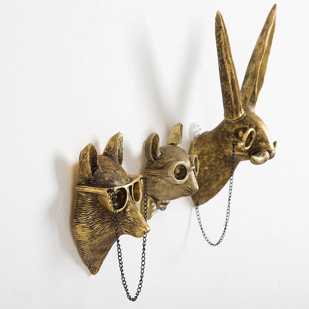 Pendentif Animal en résine Bronze Antique, tête de cerf doré, rangement mural, crochet de fond, accessoires muraux, Figurines décoratives