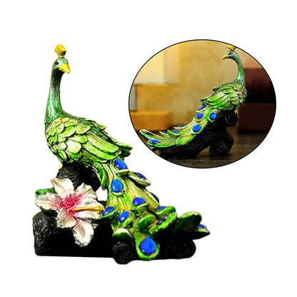 Resin Peacock Figurine Hand Painted Craft Art Collectible Rhinestones Animal Figurines for Home Office Desktop Bookshelf Decors