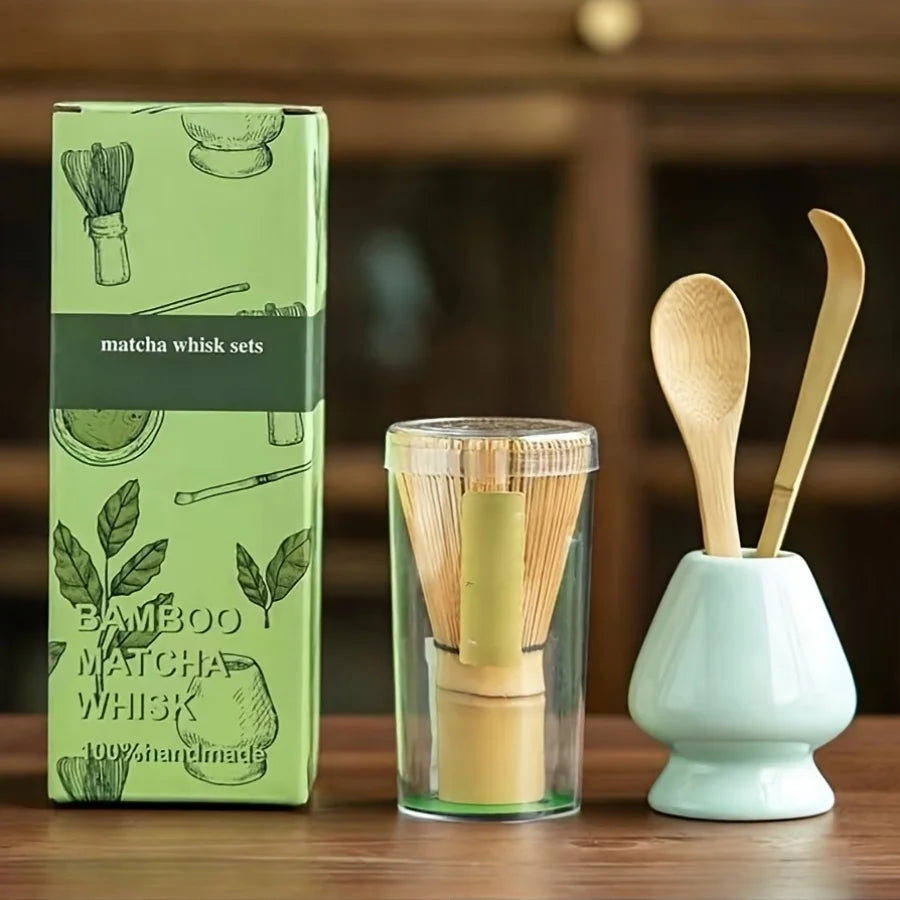 4pcs/set Matcha Set Bamboo Whisk Tea spoon Ceramic fittings Matcha Whisk (Chasen) Tea Spoon And Scoop (Chashaku) Tea-making Tool