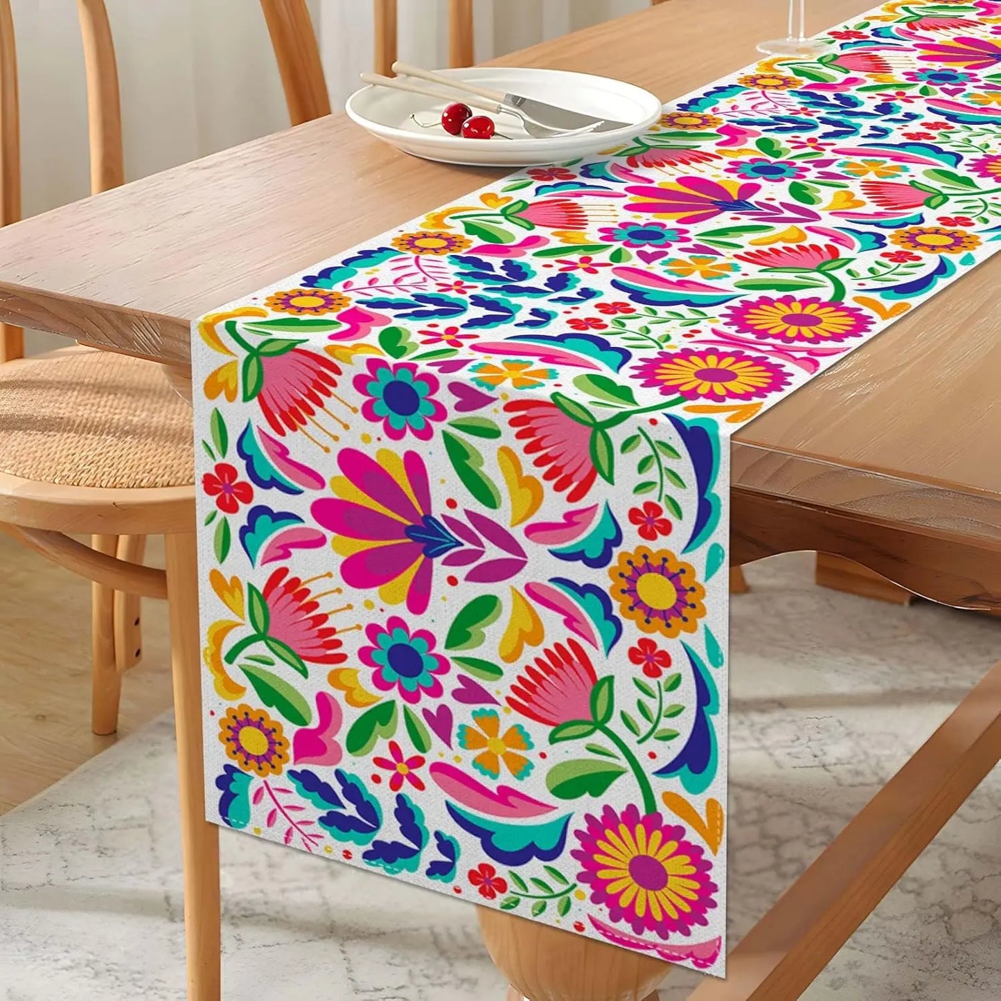 Mexican Floral Linen Table Runner Cinco De Mayo Mexico Let's Fiesta Party Decoration Dining Room Home Kitchen Table Decorations