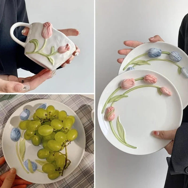 3D Embossed Mug Tulip Ceramic Mugs Coffee Cups Hand Pinched Irregular Flower Milk Tea Cup Oatmeal Breakfast Mug Drinkware