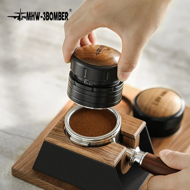 58.35MM Coffee Tamper Adjustable Espresso Spring-loaded Press Tool Walnut Lid Stainless Steel Base Leveler Coffee Accessories