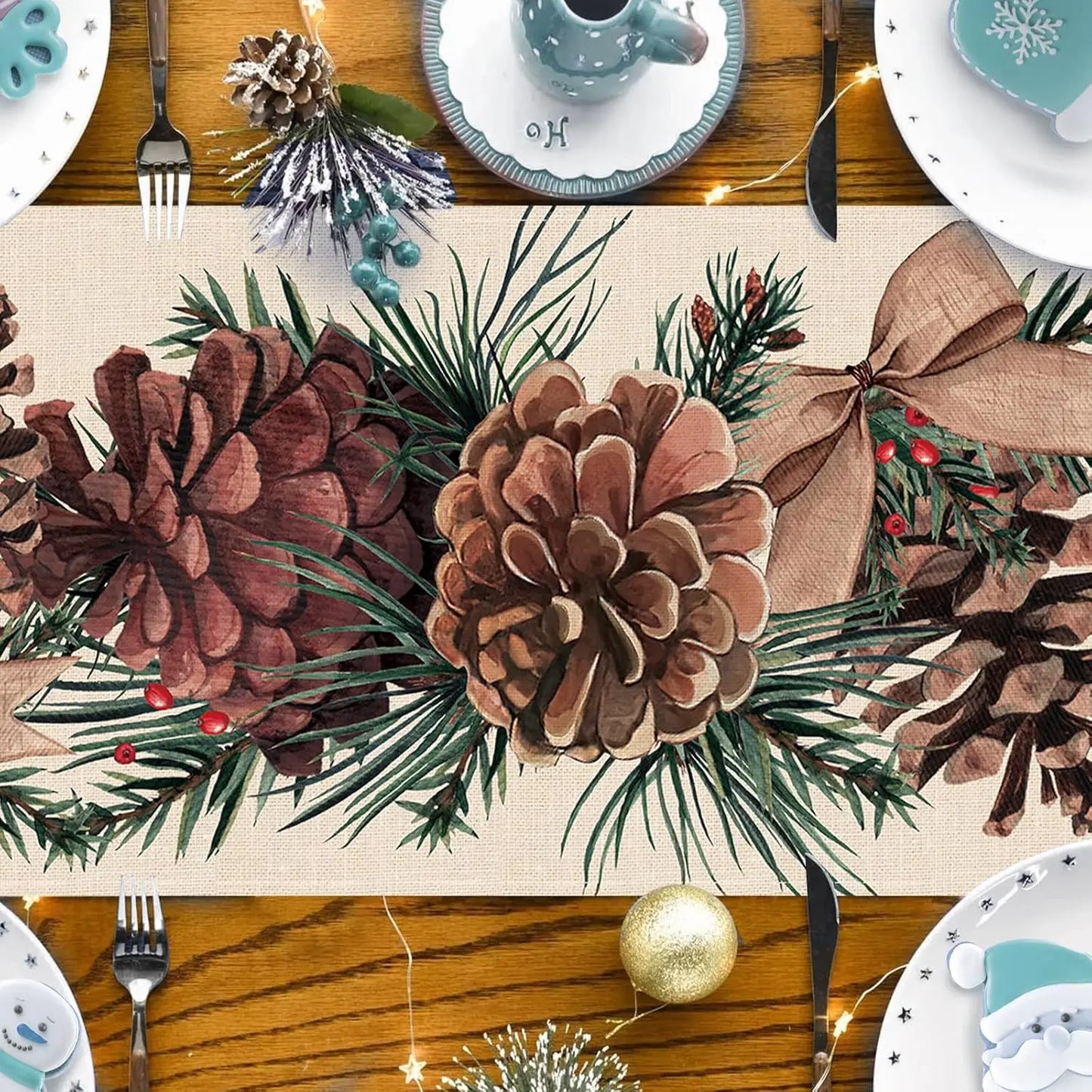 Christmas  Pine Cone Pine Needle Branch Berry Linen Table Runner for Table Decor Winter Xmas Table Runners Christmas Decorations