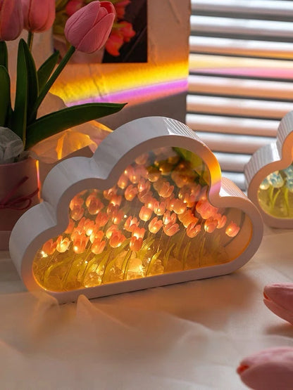 DIY Cloud Mirror Tulip Lamp Night Light Girl Bedroom Ornaments Photo Frame Handmade Glass Bedside Sleep Light Christmas Gifts