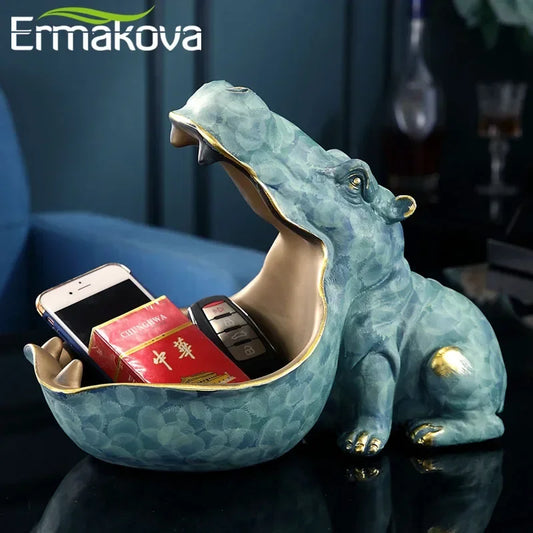 ERMAKOVA Resin Hippo Statue Hippopotamus Sculpture Figurine Key Candy Container Decoration Home Table Decoration Accessories