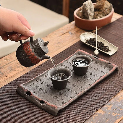 Retro Home Dry Tea Tray Rough Ceramic Retro Old Rock Mud Tea Tray Kung Fu Tea Set Ceramic Tray Tea Table Desktop Rectangular