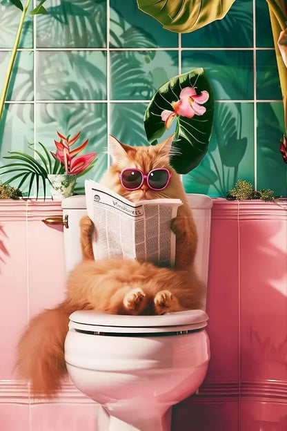 Funny Toilet Animals Black Cat Dog Flamingo Bear Tiger Reading Newspaper Poster Canvas Painting Wall Art Pictures Bathroom Decor