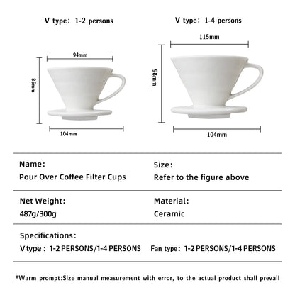 V.60 Ceramic Coffee Dripper Pour Over Cone  V Shape Drip Brewing Filter Cup Coffee Maker  White, 2 Cup，4 Cups