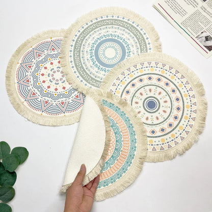 2023 New Bohemian Diameter 34cm/16cm Round Insulated Anti-scald Placemat Coaster Kitchen Accessories with Tassels