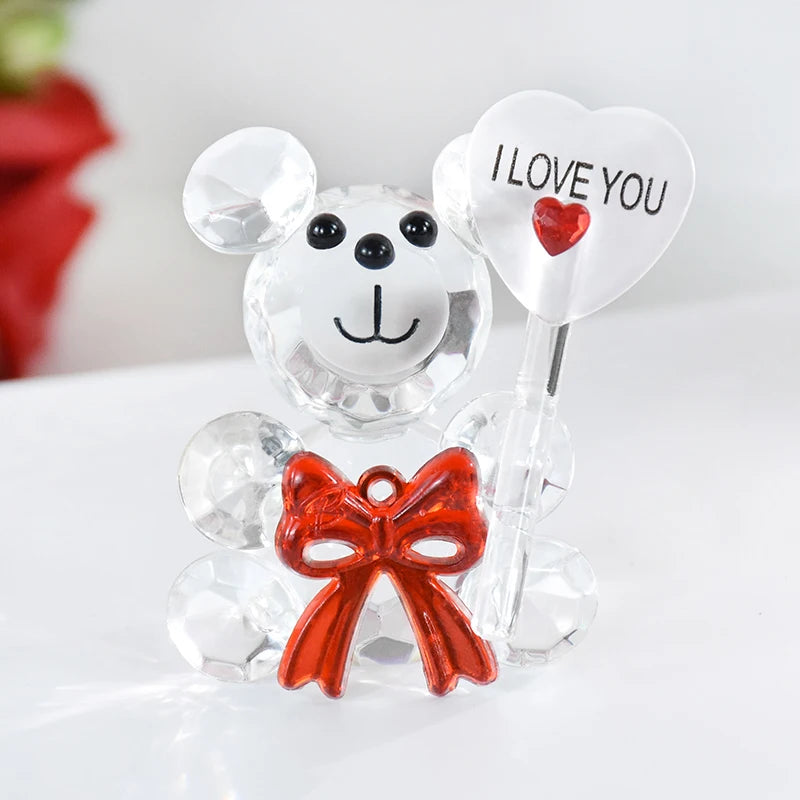 Cute Bear Crystal Figurine with Love Heart Bow Ornament Glass Animal Miniature Romantic Gifts Valentine's Day Wedding Home Decor