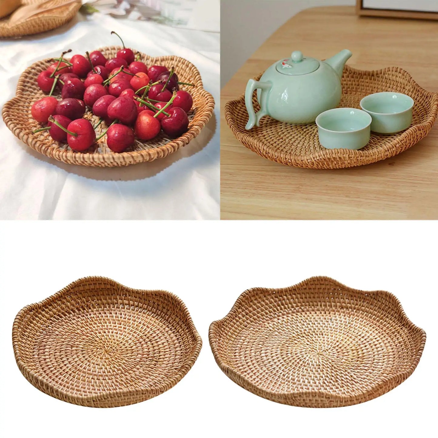 Rattan Round Serving Tray Food Storage Wicker Tray for Bread Home Decor