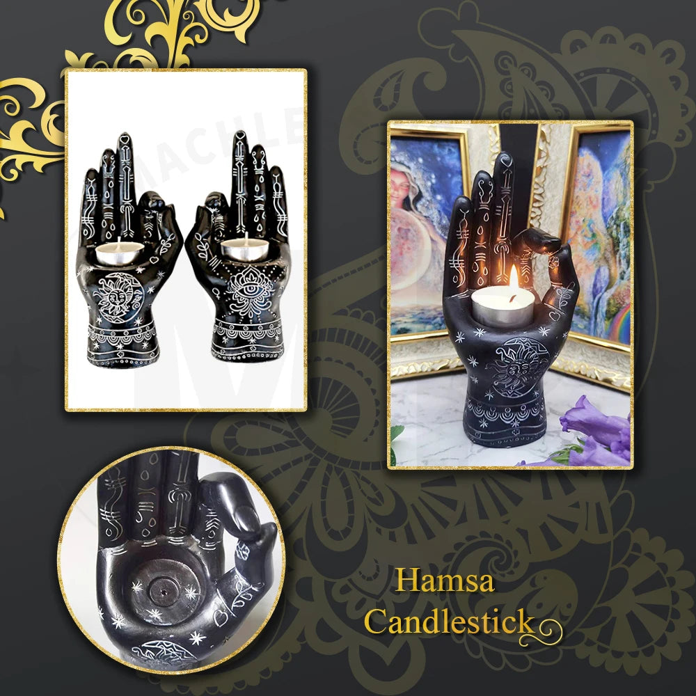 Religiöser Handlesehand-Kerzenständer, Hamsa Gyan Mudra, Meditationsdekoration, Kerzenhalter, böser Blick, Skulptur, Teelicht, Räucherstäbchenhalter