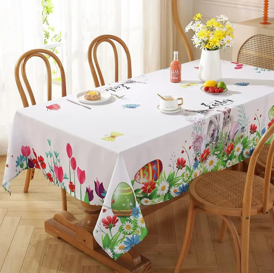 Easter Tablecloth Rectangle Table Washable Spring Table Cover Printed with Colorful Easter Eggs Bunnies Dining Table Party Decor