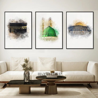 Abstract Kaaba Al Aqsa Mosque Posters Beige Islamic Calligraphy Wall Art Decorative Paintings Canvas Pictures Living Room Decor