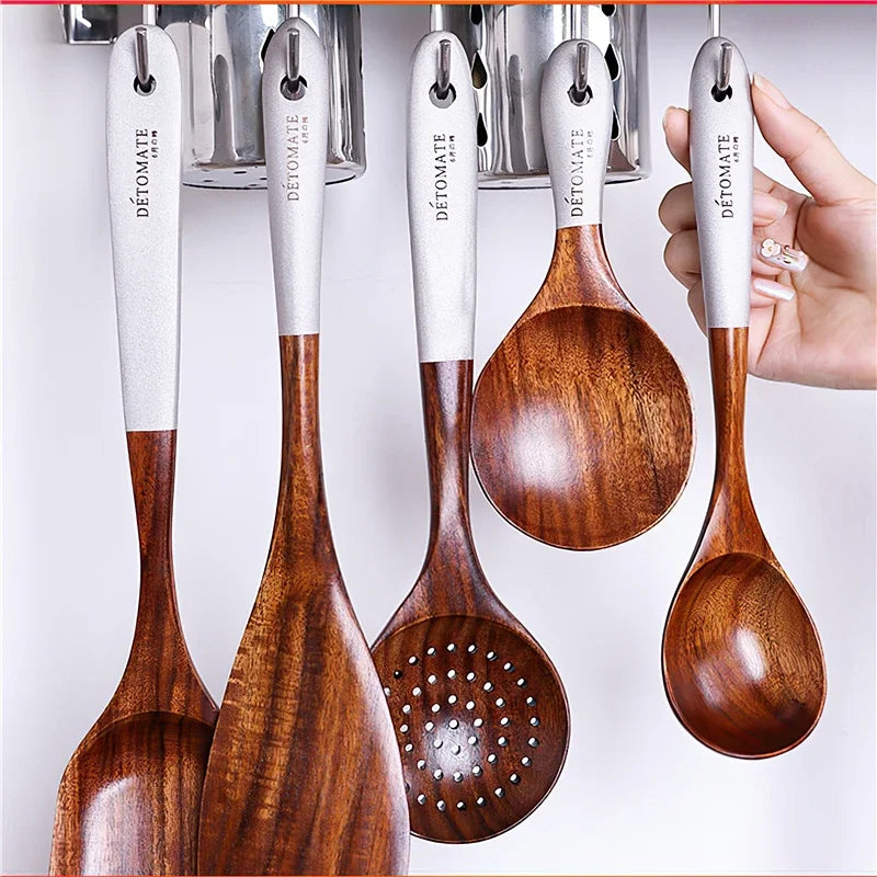 Ensemble d'outils de cuisine en bois massif, spatule en teck écologique, cuillère à riz, vaisselle de Protection de l'environnement, fournitures de cuisine ménagères